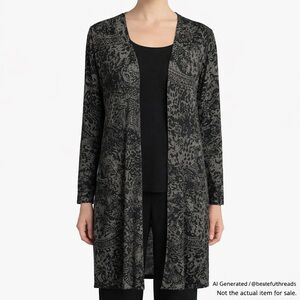 bryn Walker Small Black Grey Long Open Front Duster Cardigan Minimalist